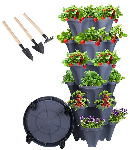 Jardinière verticale à 6 niveaux empilables, tour de jardin, fraises, herbes, fleurs et légumes, pots de jardinage d'intérieur et d'extérieur avec roues amovibles et outils