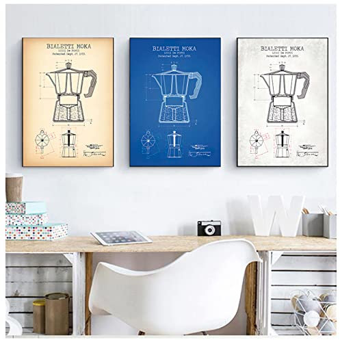 Kaffeekanne Patent Poster Und Drucke Bialetti Moka Poster Kaffee Blaupause Kunst Bild Leinwand Malerei Küche Wandkunst Dekor 35Cmx50Cmx3Pcs Kein Rahmen