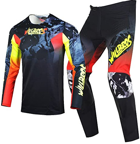 Willbros Männer Motocross Jersey Hose Combo MX Set Offroad Dirt Bike Bergab Enduro Rennen Frauen Erwachsener Schwarz Gelb Rot (Jersey L Pants 34)