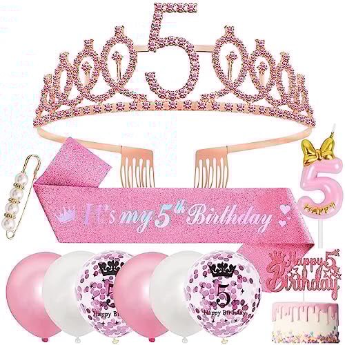 5. Geburtstag Mädchen 5 Jahre Geburtstagsdeko, 5. Geburtstagskrone und Birthday Schärpe,Rosa Diamant Roségold Krone Geburtstag Crown Schärpe,Luftballons,Kerze für 5th Party Deko Mädchen