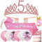 5. Geburtstag Mädchen 5 Jahre Geburtstagsdeko, 5. Geburtstagskrone und Birthday Schärpe,Rosa Diamant Roségold Krone Geburtstag Crown Schärpe,Luftballons,Kerze für 5th Party Deko Mädchen