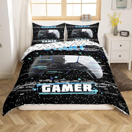 Homemissing Garçons Gamer Parure de Lit Gaming Housse de Couette Jeu Vidéo Gamepad Parure Housse de Couette 220x240cm Moderne Contrôleur de Jeu Chambre Décor 3 pièces