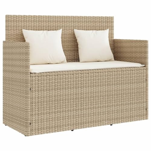 vidaXL Gartenbank mit Kissen, Sitzbank mit Staufach unter Sitzfläche, Parkbank mit abnehmbaren Bezügen, Außenbank Outdoor Bank, Beige Poly Rattan