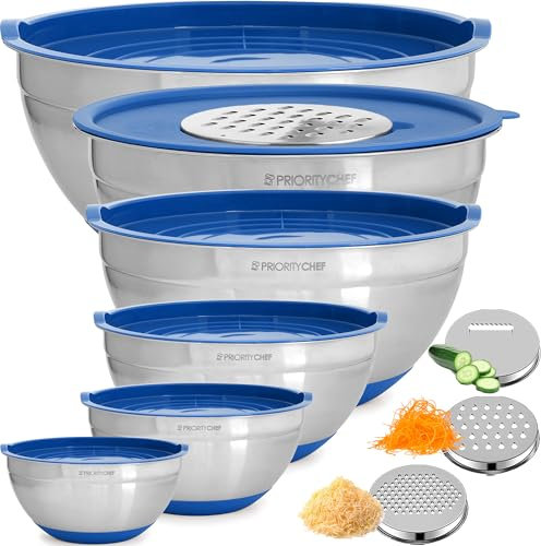 Priority Chef 6Pc Large Mixing Bowls With Lids Set with Non-Slip Bases, Stainless Steel Mixing Bowl Set, 6 Airtight Lids and 3 Graters, Serving Nesting Metal Bowl Set, Blue