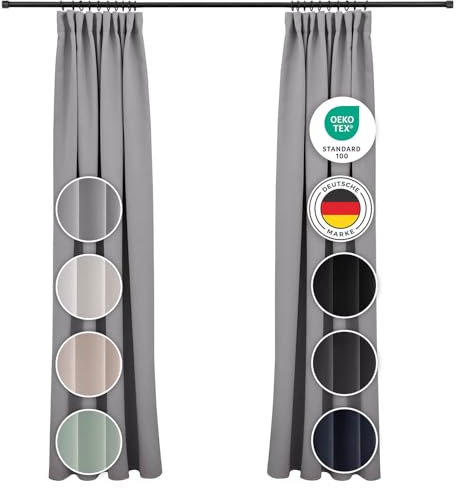 Blumtal Verdunklungsvorhänge Kräuselband 140x175 cm im 2er Set - Oeko-TEX zertifizierte Vorhänge Blickdicht - Thermovorhang Hitzeschutz - waschbare Vorhänge mit Kräuselband für Schiene in Dunkelgrau