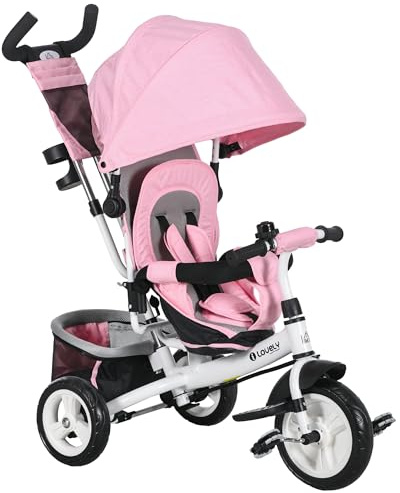 HOMCOM 6 in 1 Triciclo per Bambini 1-5 Anni 102x49x102 cm Bianco e Rosa | Evolutivo, Maniglione, Tettuccio Regolabile, Cintura e Cestino, Passeggino Triciclo, Metallo e Poliestere