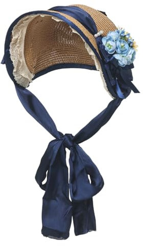 CAMDOM Sommer Strohhut für Mädchen mit Dunkelblaue Schleife Blumenstickerei,Marineblau,Einheitsgröße