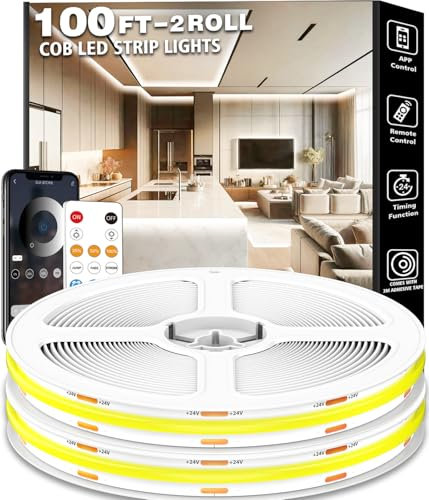LETIANPAI White COB Light Strip100FT/30M, Dimmable White LED Strip, Bright 6500K Daylight Color, Cuttable, Adhesive, Flexible Strip for Mirrors, Under Cabinets, Kitchens and Bedrooms.