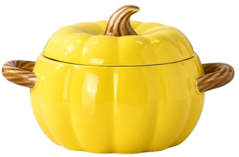 FTNESGYM Pumpkin Soup Bowl, 64oz Ceramic Pumpkin Pot Microwave & Dishwasher Safe Pumpkin Casserole Dish with Lid, Dutch Oven Pot Stockpot Cookware for Home Thanksgiving Halloween Party (Yellow)