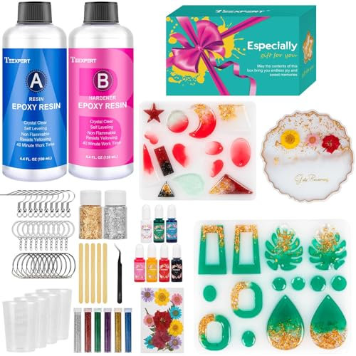 Teexpert Epoxy Resin Kit for Beginner, Crystal Clear Epoxy Resin Starter Kit with Jewelry Coaster Moulds, Pigments, Resin Accessories, Casting Resin Jewellery Making Kit for Art Craft