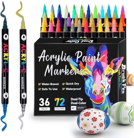 GOTRUST 72 Colours Acrylic Paint Pens, Rock Painting Pens Dual Tip, Waterproof, Non Toxic, Quick Dry Colouring Brush Pen, Water Based Acrylic Markers for Adults Students