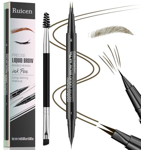 Eyebrow Pen - Eyebrow Pencil, Ruicen Eyebrow Pencil 2-in-1 Dual-Ended Eyebrow Pen with Micro-Fork-Tip and Precise Brush-Tip Create Natural Hair-Like Brows, Last All-Day, Brown