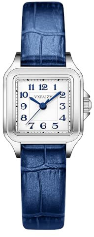 VXFAIZY Quadratische Zarte Damenuhr Mit Arabischen Ziffern Leicht Zu Lesen KostÜM-Uhr FÜR Damen (Blue Silver)