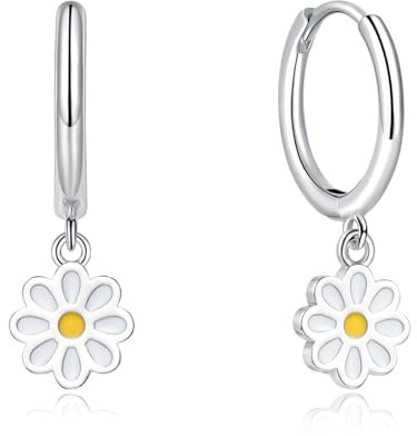Cangall Creolen Ohrringe Hängend für Damen, Sterling Silber Creolen mit Gänseblümchen Anhänger, Hypoallergen Leichte Blume Silber Ohrringe Creolen, Sonnenblume Ohrringe Hängend Silber Ohrschmuck