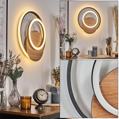 HOFSTEIN LED Wandleuchte Rapoila, Wandlampe aus Metall/Kunststoff in Holzoptik/Schwarz/Weiß, 24 Watt, 3320 Lumen, 3000 Kelvin, moderne Leuchte für Schlafzimmer, Esszimmer, Wohnzimmer, Küche, Flur