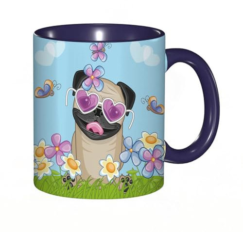 EKLMPS Tazza grande per caffè e tè a colazione - idee regalo per uomo e donna - in porcellana, 330 ml (11oz),Cane carlino con fiori e farfalle
