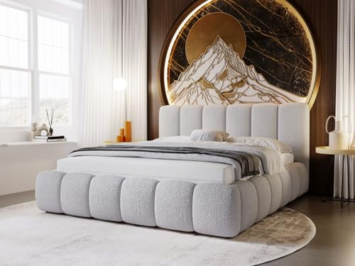 GRAINGOLD Cloud Bett 180x200, Polsterbett mit Bettkasten, Polsterbett mit Stauraum, Bouclé-Stoff, mit Lattenrost, mit Kopfteil, ohne Matratze (Hellgrau, 180x200)