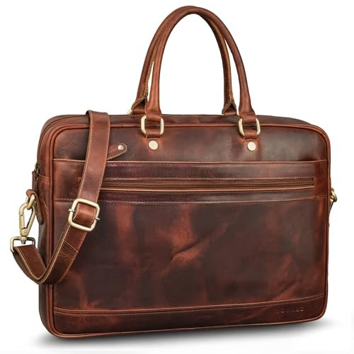 ROYALZ 'Charleston' Cartella Ventiquattrore in vera pelle Uomo/Donna Grande - Borsa pc 15.6 pollici Piatta da utilizzare come borsa a mano o Borsa 24 Ore, Colore:Roma Cognac Marrone