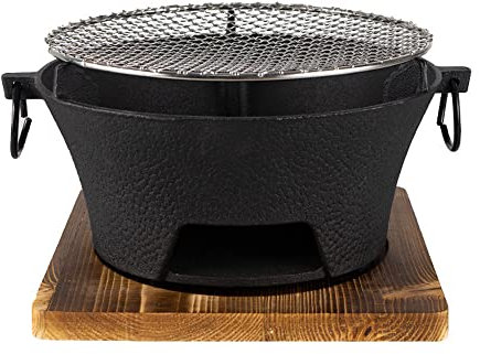 Petit poêle à charbon portable en fonte avec base en bois et filet de gril pour la fabrication de thé en intérieur et le gril de viande en plein air