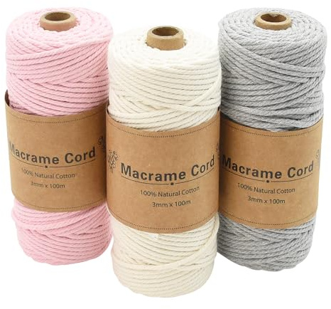 Coriver 3 Stück Makramee Garn, 3mm x 100m Macrame Cord, Makramee Schnur, Makrameegarn Kordel, Makramee Starter Set für DIY Handwerk Weben Dekoration Hängepflanze Pflanze Aufhänger (4. hellgrau)