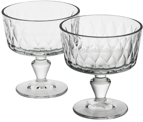 Queensway Home & Dining Footed Glass Dessert Bowls - 250ml Ice Cream Sundae Cups with Leaf Design - Clear Glass Dishes for Fruit, Pudding, Snacks - Dishwasher & Fridge Safe - Set of 2