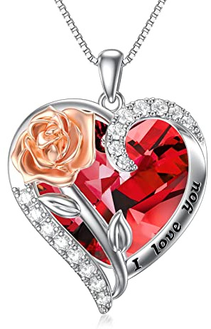 TOUPOP Geburtsstein Kette Herz Damen Geburtsstein Halskette Sterling Silber Rose Blume Herz Anhänger Halskette Geschenk für Frauen Mama Freundin Frau