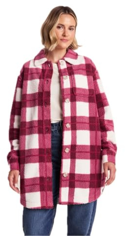 TOG24 Sally Womens Shacket, Check Sherpa Fleece with Printed Check, Knee Length Design with Curved Hem, Chest and Discreet Lower Pockets, Cosy Outerwear Jacket