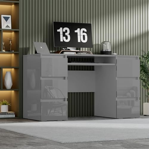TRIOBLADE Computer Desk with 6 Drawers High Gloss Writing Table 120x50x70cm PC Workstation Study Makeup Dressing Table with Large Storage Working Vanity Desk for Home Office (Grey)