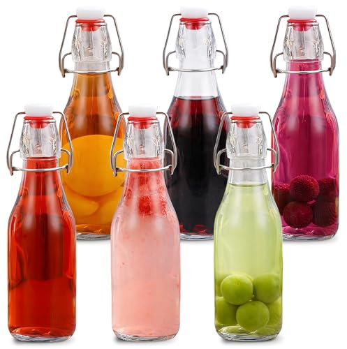 Zykphao 6 PCS 250ml/8Oz Swing Top Glass Bottles with Airtight Stoppers, Clear Clip Top Preserve Bottles for Home Brewing, Oil, Vinegar, Wine, Beer, Kombucha & Juice Storage