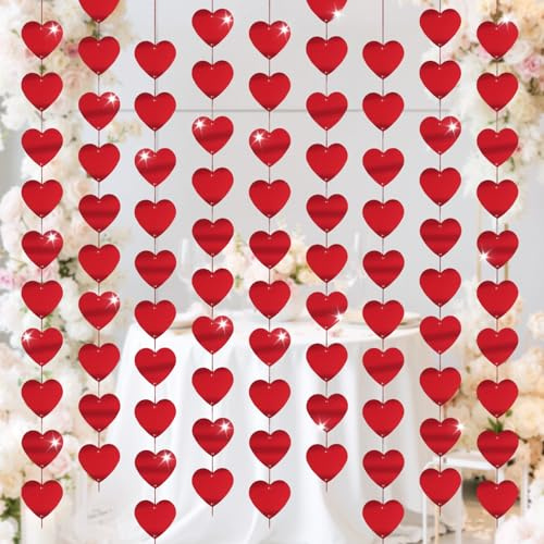4 Stück Herz Girlande Rot 4m Glitzer Hängende Rubinhochzeit Deko Herz Deko | Hängende Herzen Papier Girlande Herzgirlande Romantische Deko für Rubinhochzeit Valentinstag Antrag Jubiläen Geburtstage