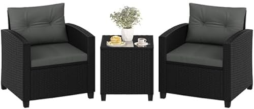 Yaheetech 3 TLG. Rattan Gartenmöbel Set mit Sitz- & Rückenkissen, Balkonmöbel Set inkl.2 Sessel & Tisch, 2 Personen Terrassenmöbel Sitzgruppe Lounge Set für Balkon Terrasse Garten, Schwarz & Grau