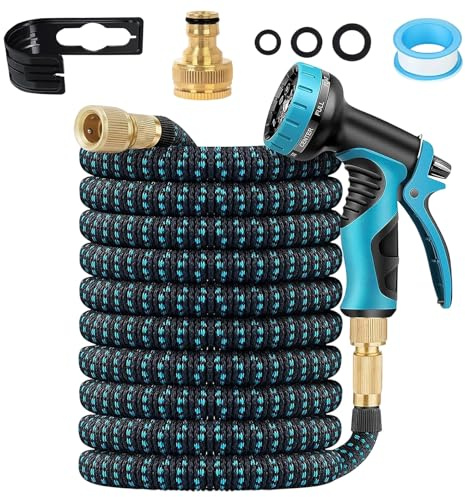 Tuyau Arrosage Extensible 15M, Tuyaux D'arrosage Embout 10 Modes Pistolet, 3/4 1/2 Raccord Adaptateur Robinet Cuisine, Latex Triple Épaisseur Durable avec Raccords en Métal et Sac (50FT)