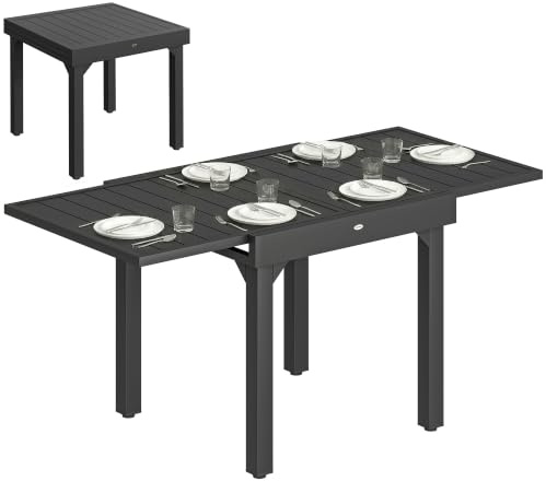 Outsunny Gartentisch Ausziehbar für 4-6 Personen 80/160 x 80 cm Schwarz | Aluminium Esstisch, Rechteckiger Balkontisch, mit Lamellenplatte, Wetterfest, Terrassentisch, Garten Terrasse Balkon