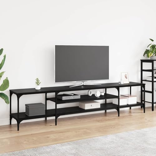 Boltkex Meuble TV noir aspect chêne 201 x 35 x 45 cm avec 3 étagères, cadre en fer pour banc TV, meuble multimédia, espace de rangement pour récepteur, home cinéma, salon