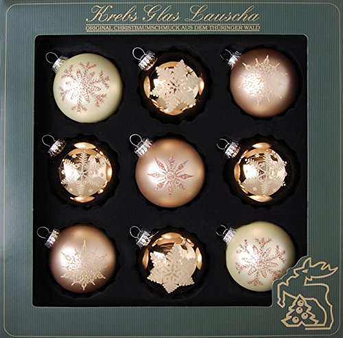 Krebs Glas Lauscha Glaskugelsortiment 9-fach - Christbaumschmuck - Weihnachtsbaumschmuck - in Beige Cappuccino - Größe: 8cm