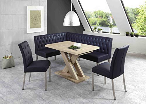 Beauty.Scouts Eckbankgruppe Oak 4-teilig Tisch Eiche Sonoma sägerau Dekor 120-158,5x80x75cm 2xStühle Eckbank 200x140x83cm VAR. aufbaubar Lederimitat dunkelblau