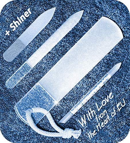 Véritable ensemble de limes à ongles en verre tchèque – Brillant multifonctionnel, râpe à pied Anti-callosités, poussoir à cuticules pour un limage précis, surface gravée, manucure et pédicure