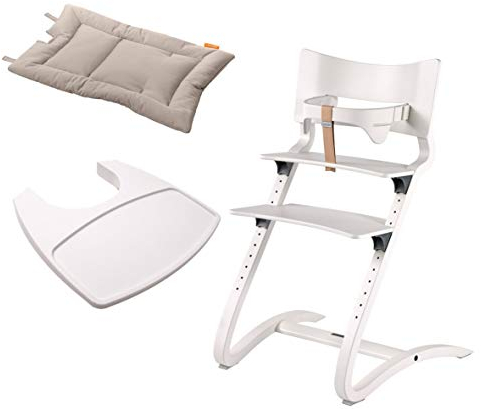 Leander Stuhl weiß - Hochstuhl - Kinderstuhl - Erwachsenenstuhl mit Babybügel + Tablett weiß + Kissen cappuccino