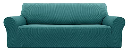 Deconovo 1 Stück Sofabezug, dehnbar, Sofabezug mit 3-Sitzer, mit Armlehnen, Sofabezug, Jacquard, Türkis