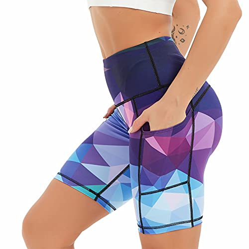 COOLOMG Damen Kurze Laufhose Yoga Shorts mit Taschen Radlerhose Sporthose Gym Fitness Workout Geometrie_lila M