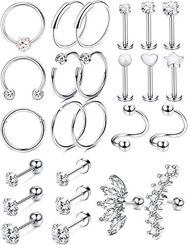Milacolato 25 Stück Helix Piercings Ohr Set für Damen Tragus Knorpel Ohrring Ohrstecker Stud Hoop 16G Edelstahl Piercing Ringes Knorpel Conch Daith Chirurgenstahl Piercing Schmuck für Frauen