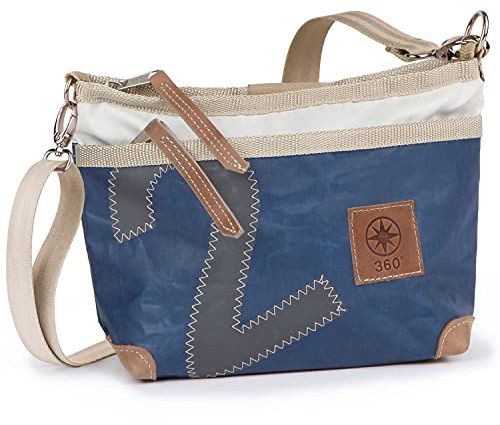 360° Grad Deern Lütt Umhänge-Tasche, Segeltuch-Tasche, Schulter-Tasche Damen, Crossover, blau weiß, Zahl grau, Gurt beige mit Karabinern, maritim, wetterfest