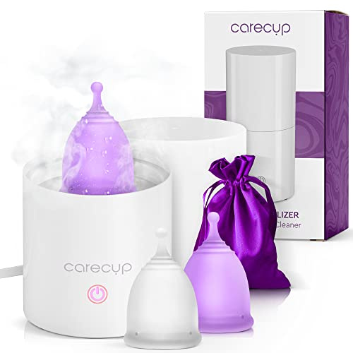 Carecup Menstrual Cup Sterilizer - Modern Menstrual Cup Cleaner Unscented Sanitizer - 2-Minute Automatic Steam Wash - Holder Fits Small Soft & Large Period Disc - 99.9% of Germs (Steamer + Cups)