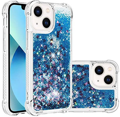 IMEIKONST Compatible with iPhone 13 Mini Glitter Case, Liquid Sparkle Quicksand Clear Transparent Sequin Slim Girls Soft TPU Bumper Silicone Shockproof Cover for iPhone 13 Mini. Love Blue YBW