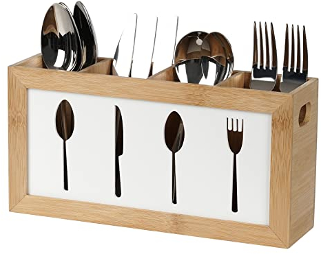 WPAJIRZO Besteckkorb Tisch - Besteckkasten Holz 4 Fächer -Besteck Aufbewahrungsbox- Besteckbehälter für Esstisch Küche Restaurant Imbiss