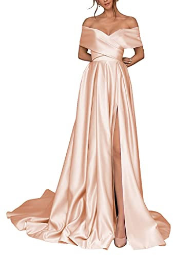 Abito da ballo con spalle scoperte pieghettate in raso con fessura laterale formale abiti da sera per le donne, Pesca, 44