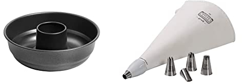ORIGINAL KAISER Classic Frankfurter Kranzform 26 cm, Backform antihaftbeschichtet & La Forme Plus Spritzbeutel Set 7-teilig, wiederverwendbarer Spritzbeutel groß mit Tüllen, Weiß/Silber, 1 - Pack