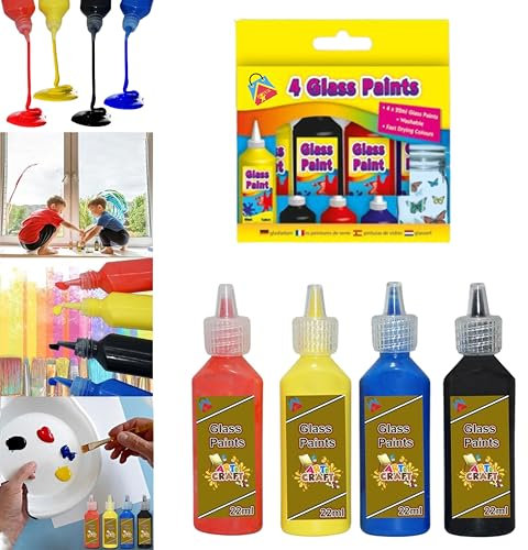 HOVUK Glass Paint Stained for Glass Painting Kit 4 Colors - 22ml Transparent Permanent for Kids Adults, Wine Glasses Windows Paint for Glass Art Painting Set