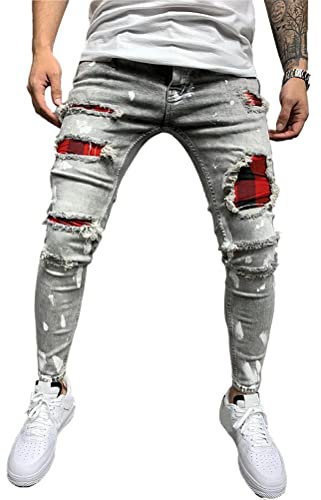Osheoiso Jeans Slim Fit da Uomo Pantaloni Elastico Casual in Denim Elasticizzato Pantaloni con Fori Strappati Dritti Jeans Basic Stretta Pantaloni Taglie Forti A Grigio M