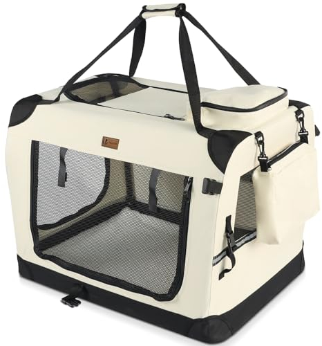 VOUNOT Hundebox faltbar, Transportbox Katze Hunde, Hundetasche, Oxford-Gewebe, Netzstoff, Atmungsaktiv, Transportabel, Metallrahmen, mit Griffen, Taschen, 82x60x60cm XL, Beige